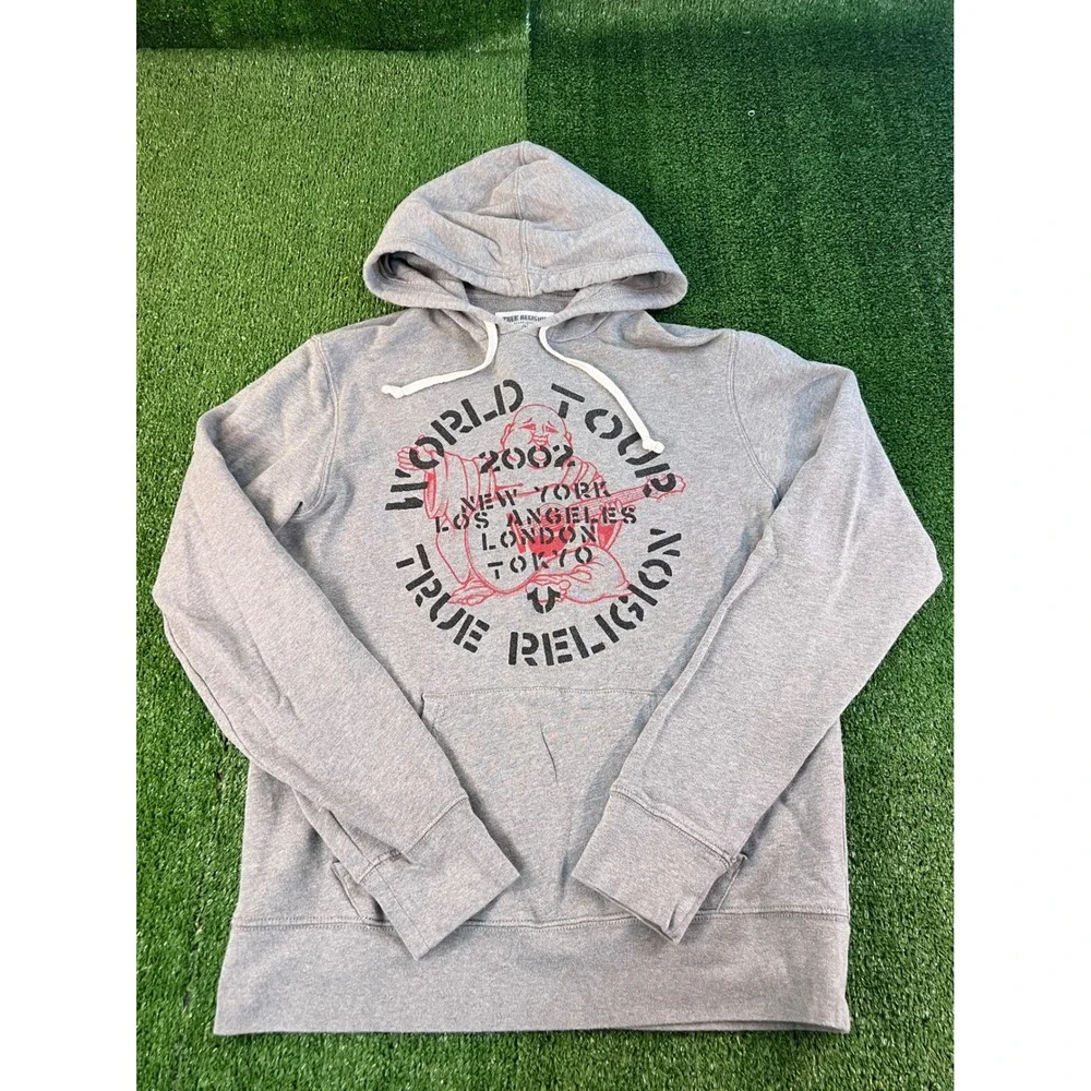 True Religion Mens World Tour 2002 Buddha Graphic Hoodie Gray Medium M Pullover